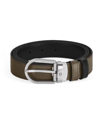 Cintura Montblanc in Pelle Reversibile Kaki/Nera con Fibbia a Ferro di Cavallo 30 mm