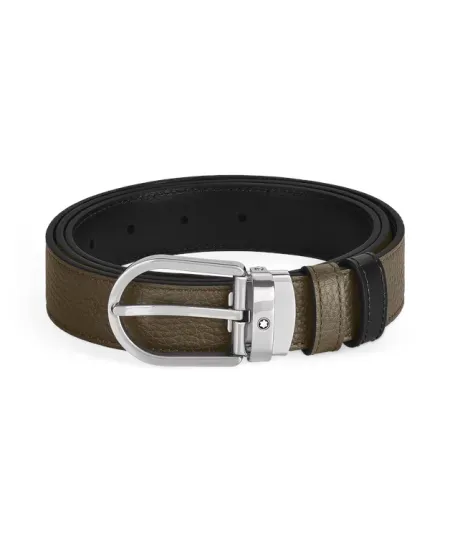 Cintura Montblanc in Pelle Reversibile Kaki/Nera con Fibbia a Ferro di Cavallo 30 mm