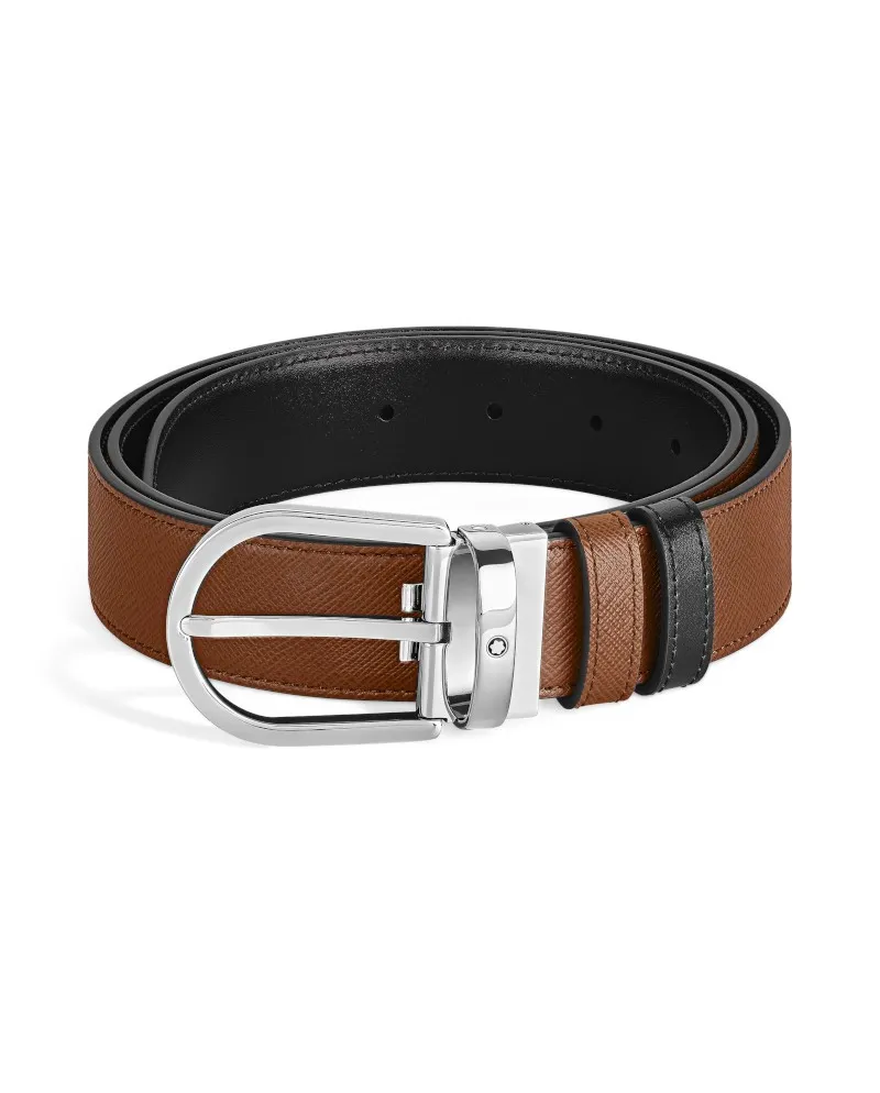 Ceinture réversible Montblanc en cuir fauve/noir avec boucle fer à cheval 35 mm