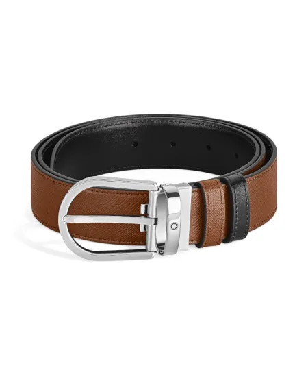 Cintura Montblanc in Pelle Reversibile Fulvo/Nero con Fibbia a Ferro di Cavallo 35 mm