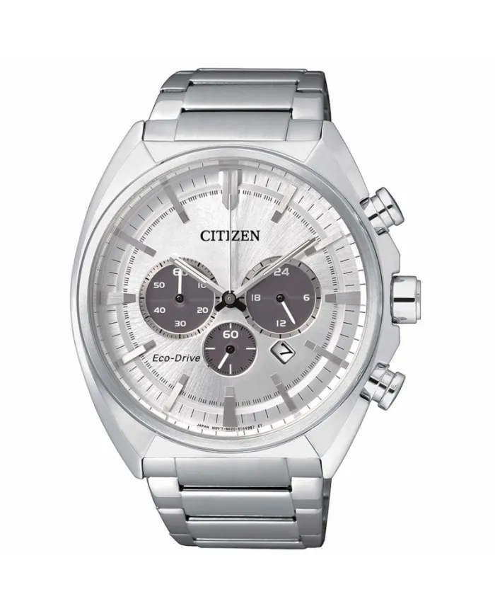 Chronographe Citizen OF Metropolitan Eco Drive, cadran argenté et bracelet en acier
