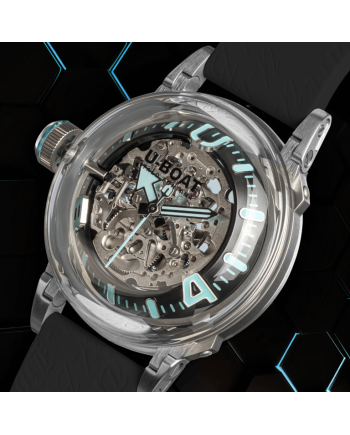 Montre automatique U-Boat U-65 44 mm turquoise avec bracelet en caoutchouc noir