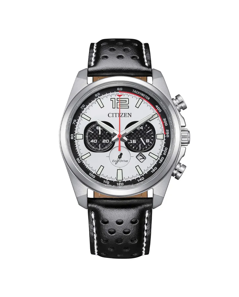 Chronographe Citizen Racing OF Eco-Drive, cadran blanc, bracelet en cuir