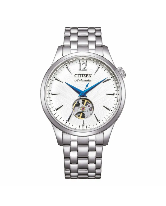 Montre automatique Citizen, cadran blanc, bracelet en acier Openheart