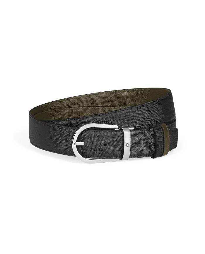 Ceinture réversible Montblanc en cuir noir/kaki avec boucle fer à cheval 35 mm