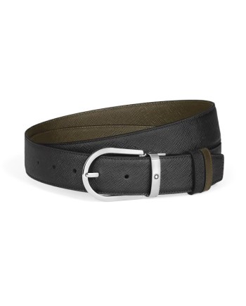 Cintura Montblanc in Pelle Reversibile Nero/Kaki con Fibbia a Ferro di Cavallo 35 mm