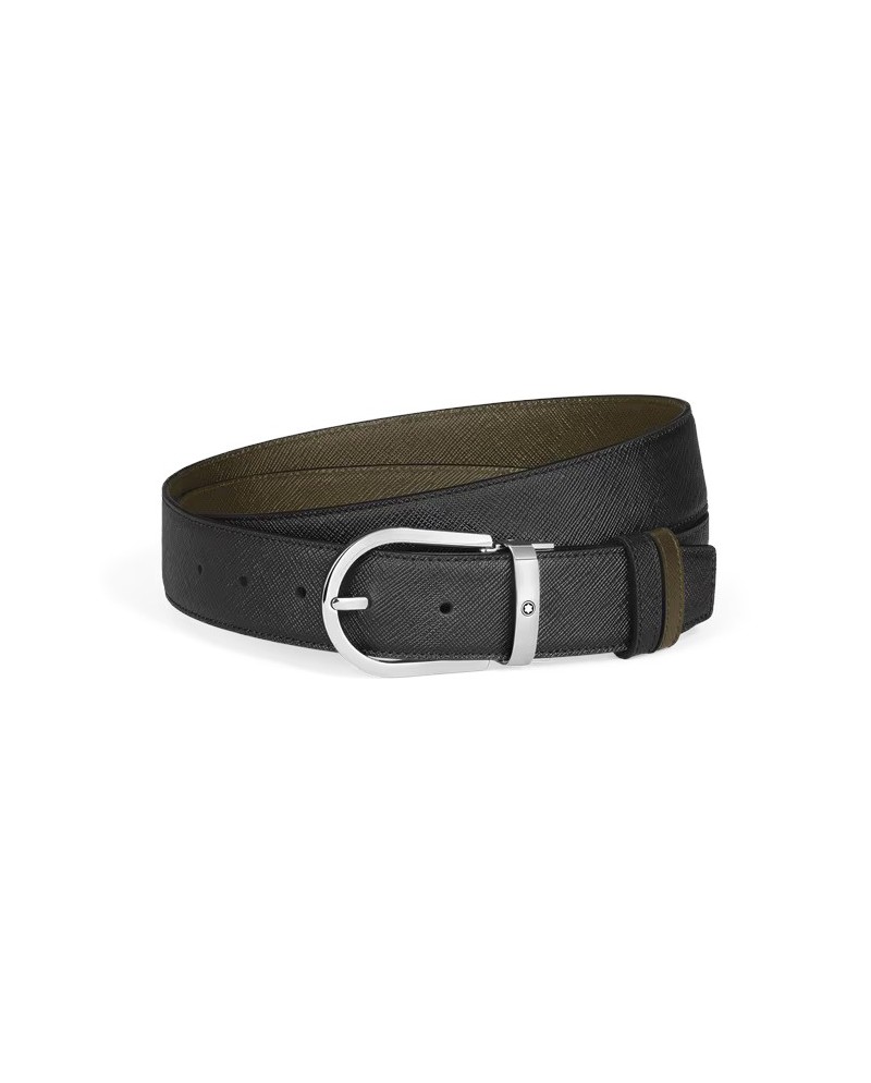 Ceinture réversible Montblanc en cuir noir/kaki avec boucle fer à cheval 35 mm
