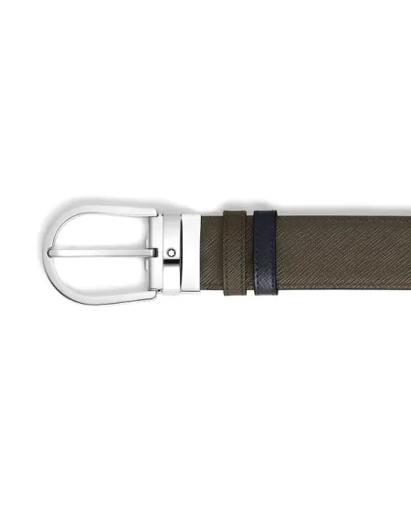 Cintura Montblanc in Pelle Reversibile Nero/Kaki con Fibbia a Ferro di Cavallo 35 mm