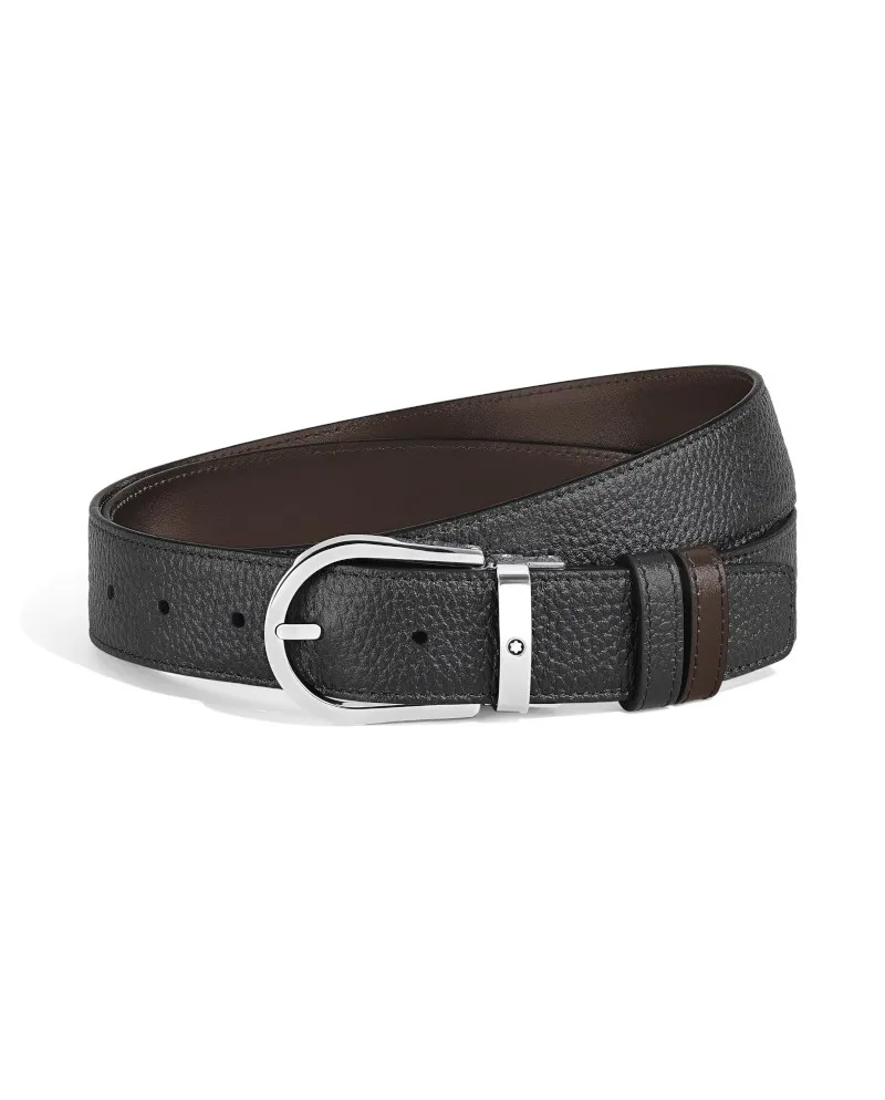 Cintura Montblanc in Pelle Reversibile Nero Granulata/Marrone con Fibbia a Ferro di Cavallo 35 mm