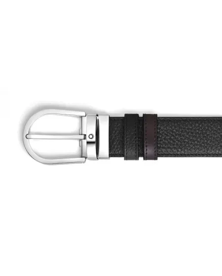 Cintura Montblanc in Pelle Reversibile Nero Granulata/Marrone con Fibbia a Ferro di Cavallo 35 mm