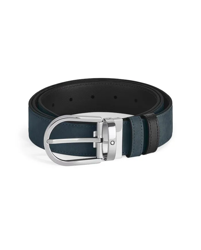 Montblanc Reversible Leather Belt in Smooth Black/Suede Blue with Horseshoe Buckle 35 mm