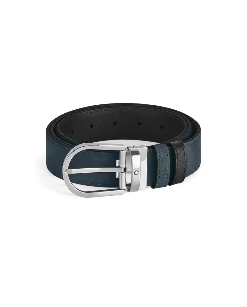 Cintura Montblanc in Pelle Reversibile Nero Liscia/Blu Scamosciata con Fibbia a Ferro di Cavallo 35 mm