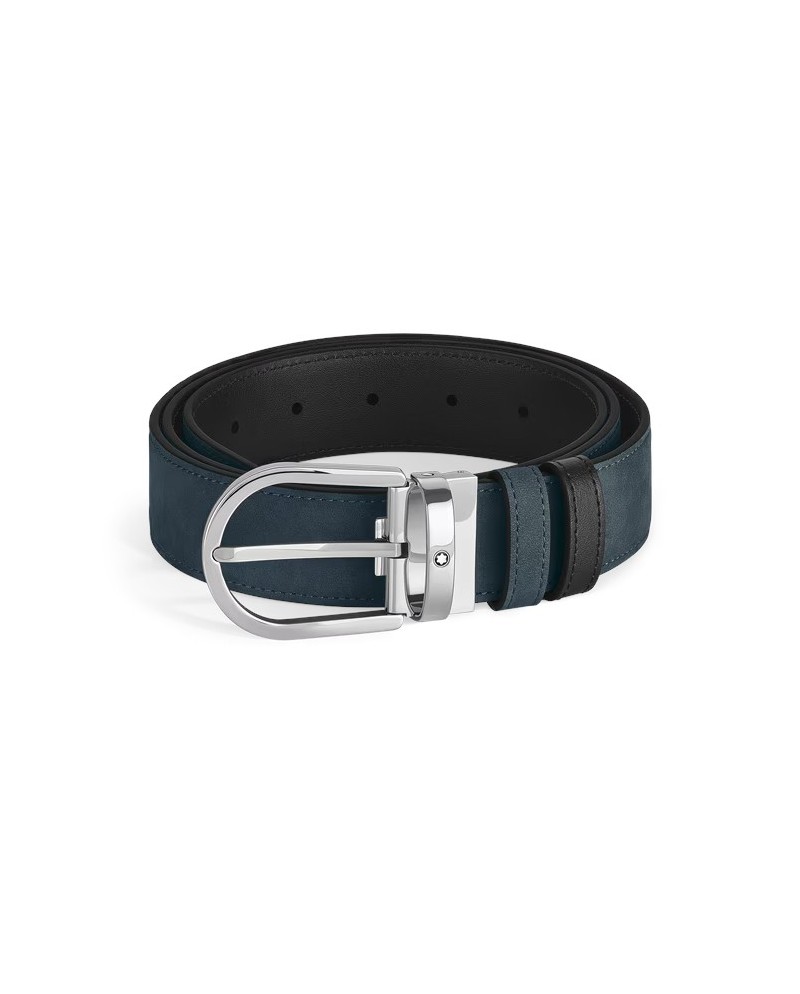 Montblanc Reversible Leather Belt in Smooth Black/Suede Blue with Horseshoe Buckle 35 mm