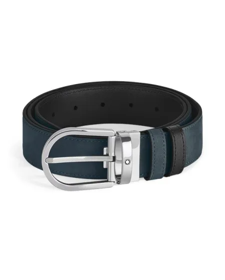 Ceinture réversible Montblanc en cuir lisse noir/bleu daim avec boucle fer à cheval 35 mm