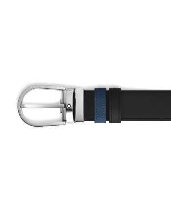 Cintura Montblanc in Pelle Reversibile Nero Liscia/Blu Scamosciata con Fibbia a Ferro di Cavallo 35 mm