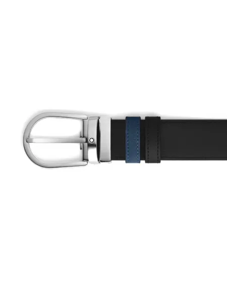 Ceinture réversible Montblanc en cuir lisse noir/bleu daim avec boucle fer à cheval 35 mm