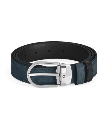 Ceinture réversible Montblanc en cuir lisse noir/bleu daim avec boucle fer à cheval 30 mm