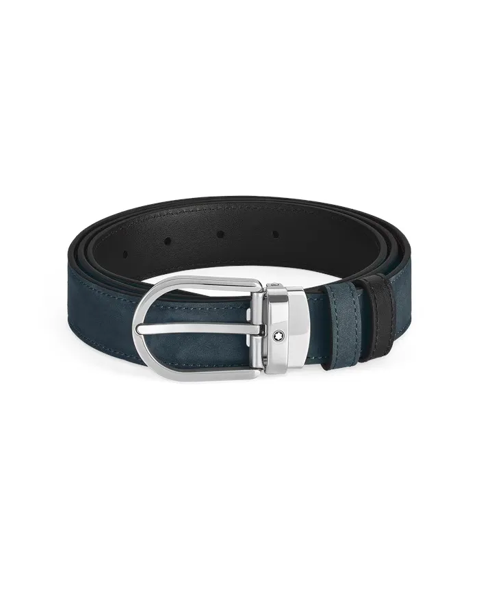 Cintura Montblanc in Pelle Reversibile Nero Liscia/Blu Scamosciata con Fibbia a Ferro di Cavallo 30 mm