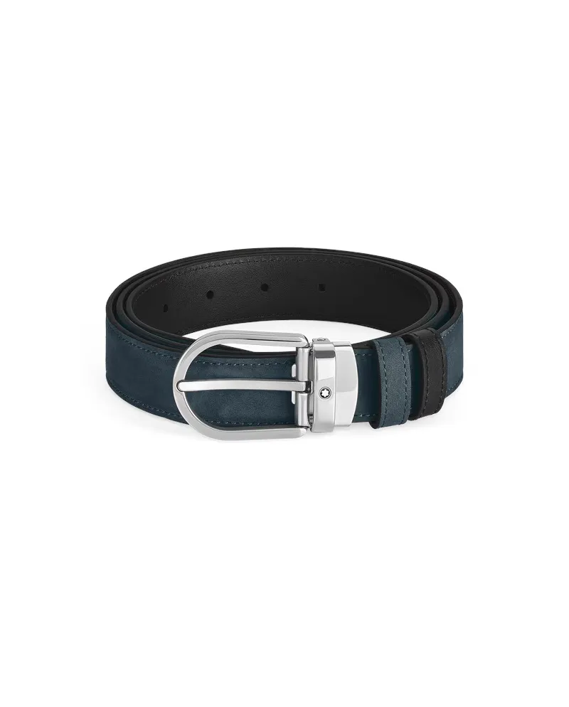 Ceinture réversible Montblanc en cuir lisse noir/bleu daim avec boucle fer à cheval 30 mm Ceinture réversible Montblanc en cuir lisse noir/bleu daim avec boucle fer à cheval 30 mm