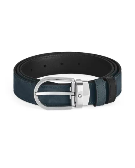 Cintura Montblanc in Pelle Reversibile Nero Liscia/Blu Scamosciata con Fibbia a Ferro di Cavallo 30 mm