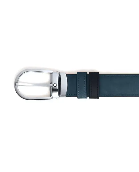 Cintura Montblanc in Pelle Reversibile Nero Liscia/Blu Scamosciata con Fibbia a Ferro di Cavallo 30 mm