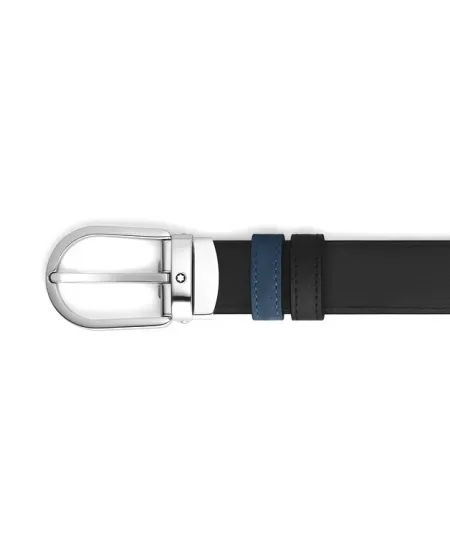 Cintura Montblanc in Pelle Reversibile Nero Liscia/Blu Scamosciata con Fibbia a Ferro di Cavallo 30 mm