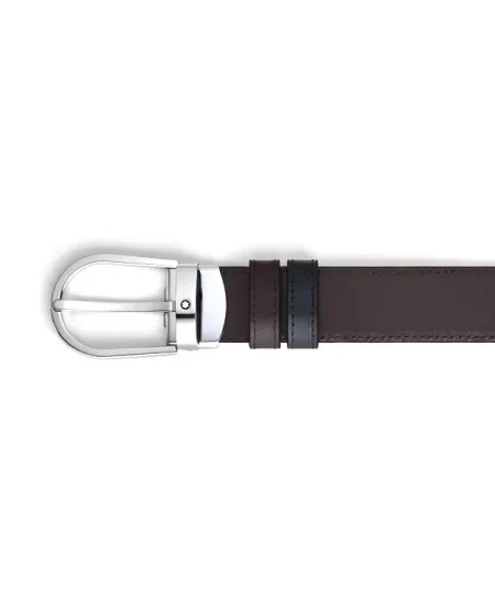 Cintura Montblanc in Pelle Reversibile Nero/Marrone con Fibbia a Ferro di Cavallo 30 mm