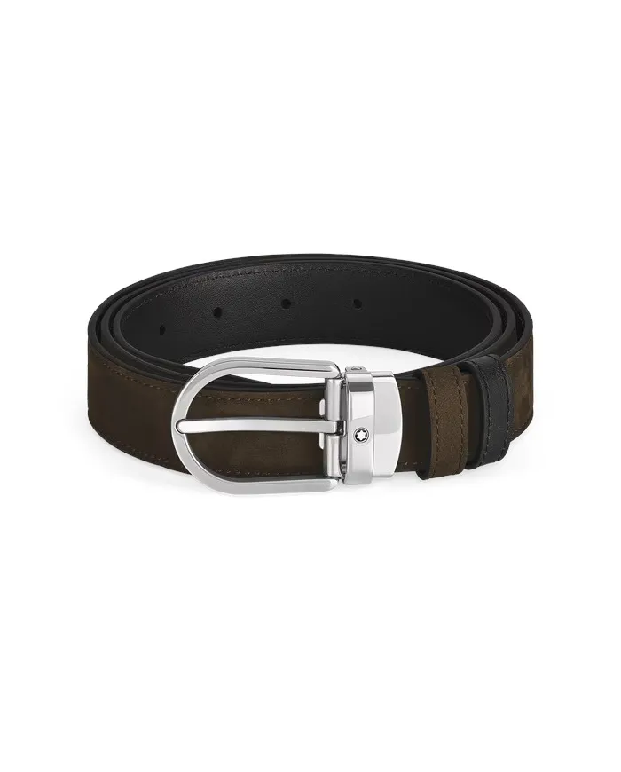 Montblanc Reversible Leather Belt Brown Suede/Black Smooth with Horseshoe Buckle 30 mm
