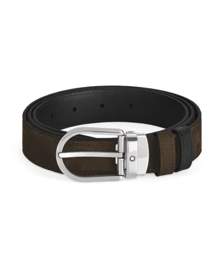 Montblanc Reversible Leather Belt Brown Suede/Black Smooth with Horseshoe Buckle 30 mm