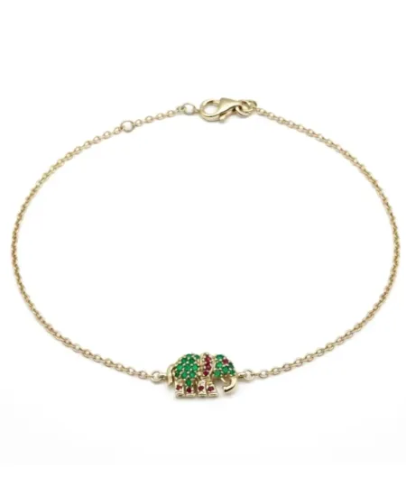 Bracciale Casella Gioielli Elefante in Oro Giallo con Smeraldi e Rubini