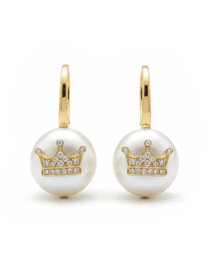 Casella Gioielli "Corona" Drop Earrings in Yellow Gold with Pearls and Diamonds