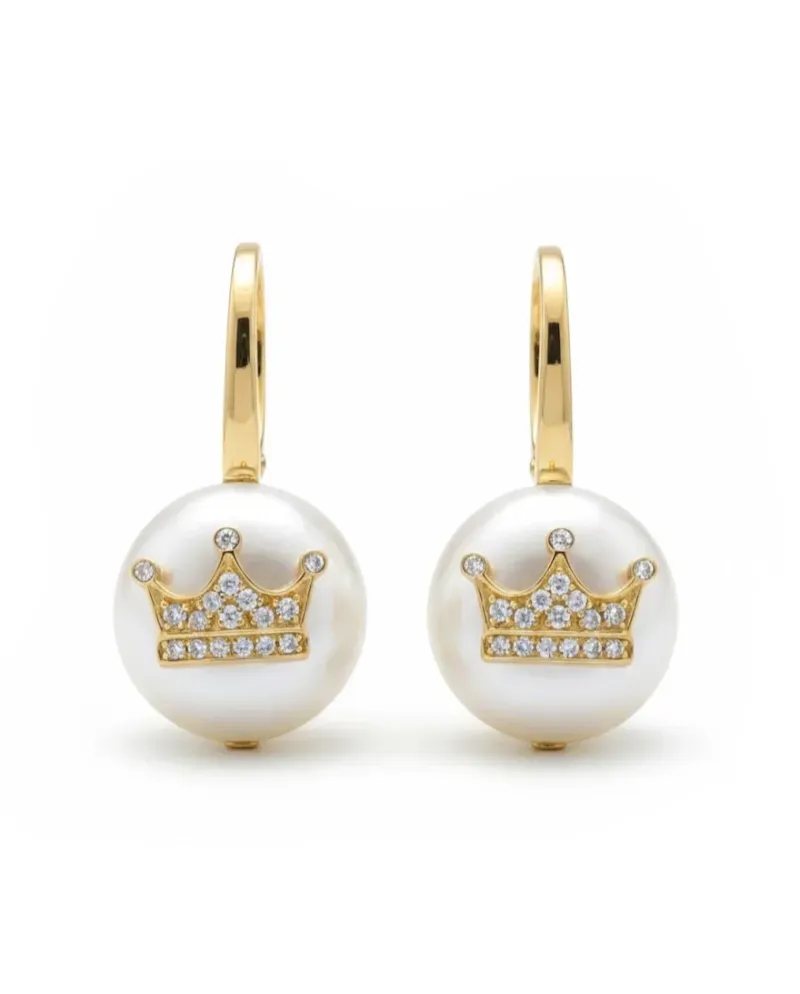 Casella Gioielli "Corona" Drop Earrings in Yellow Gold with Pearls and Diamonds