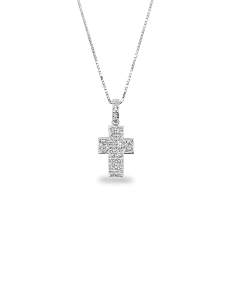Collana Casella Gioielli in Oro Bianco e Croce con Diamanti