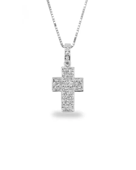 Collana Casella Gioielli in Oro Bianco e Croce con Diamanti