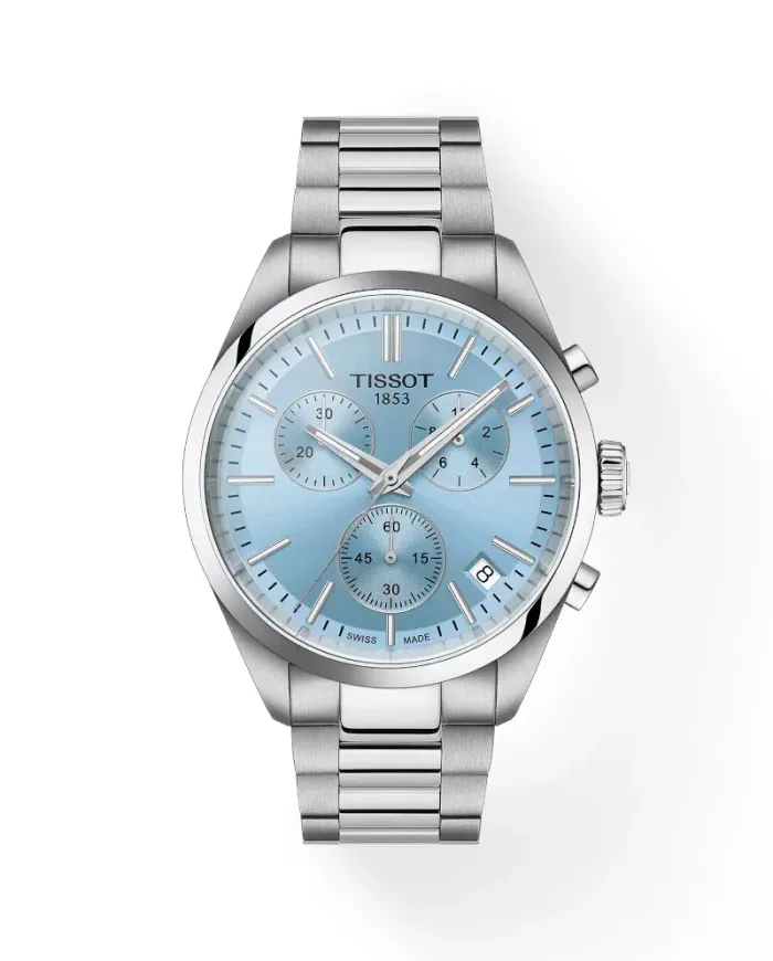 Montre chronographe Tissot PR 100 avec cadran bleu glacier et bracelet en acier
