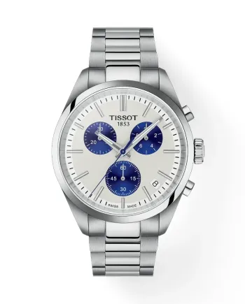 Montre chronographe Tissot PR 100 avec cadran blanc et bracelet en acier