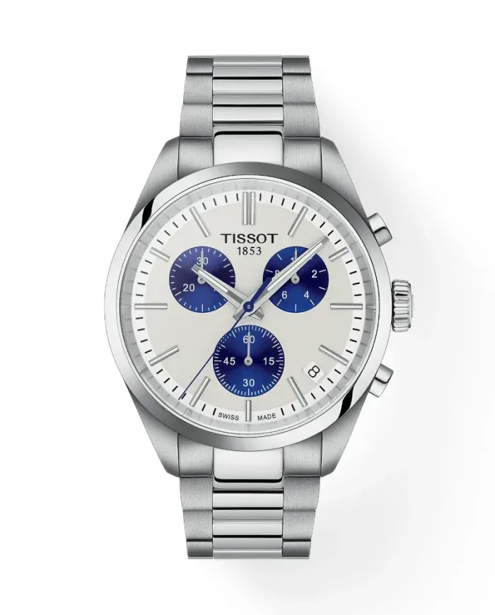 Tissot PR 100 Chronograph Watch with White Dial and Steel Bracelet