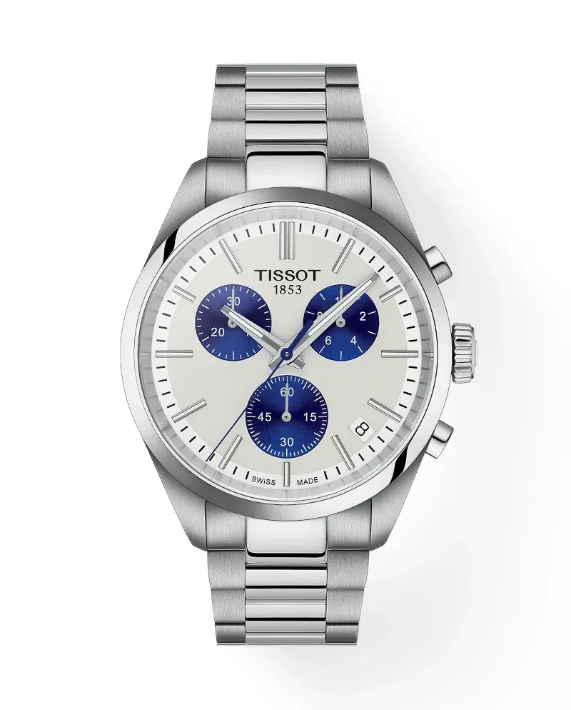 Montre chronographe Tissot PR 100 avec cadran blanc et bracelet en acier