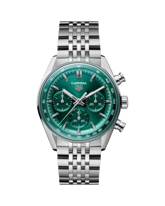 Cronografo Automatico Tag Heuer Carrera Glassbox 41 mm Verde con Cinturino in Acciaio