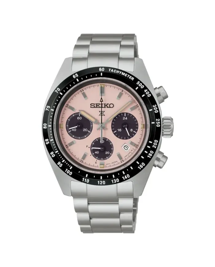 Chronographe solaire Seiko Prospex Speedtimer, cadran rose, bracelet en acier
