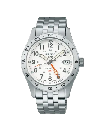 Montre Seiko 5 GMT, cadran blanc, bracelet en acier