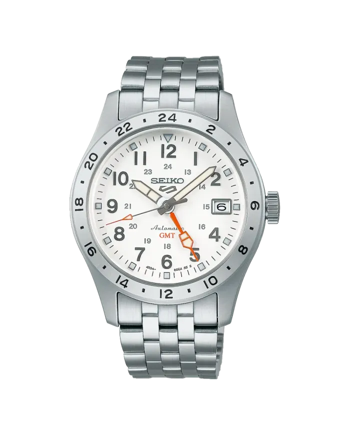 Seiko 5 GMT Watch White Dial Steel Strap