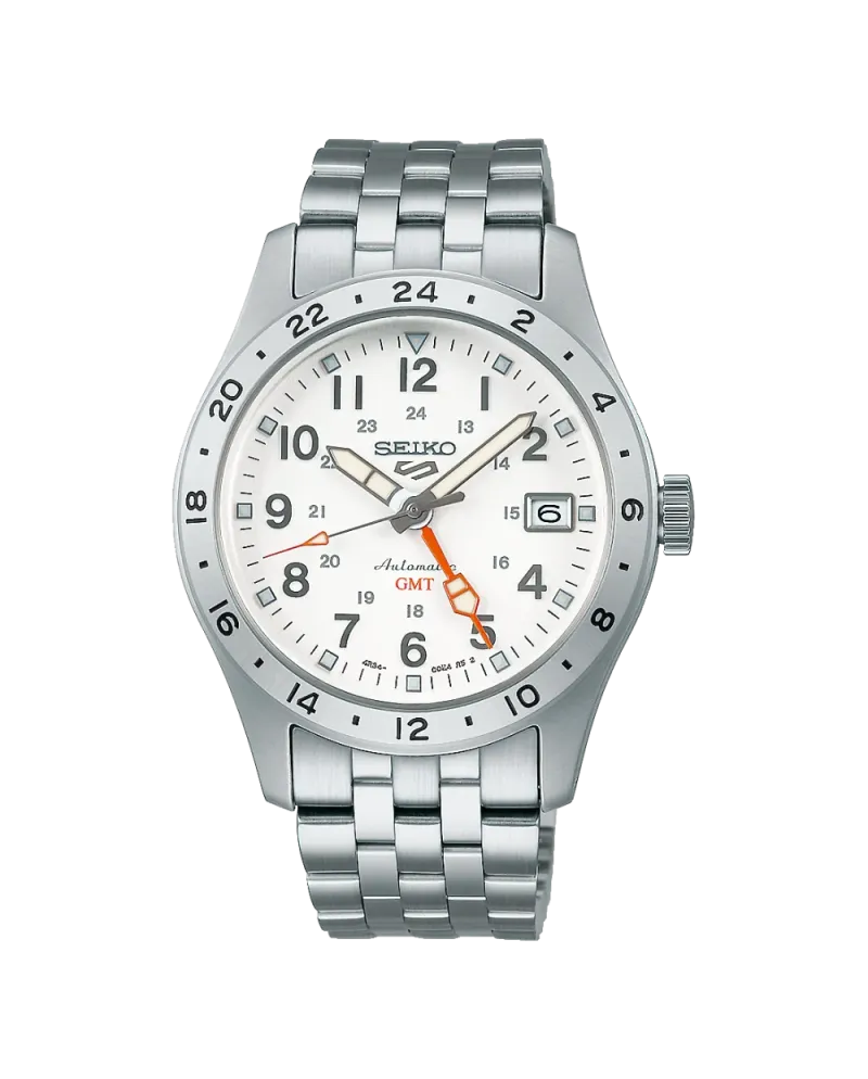 Montre Seiko 5 GMT, cadran blanc, bracelet en acier