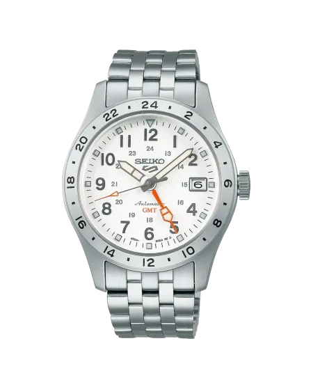 Orologio Seiko 5 GMT Quadrante Bianco Cinturino Acciaio