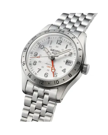 Montre Seiko 5 GMT, cadran blanc, bracelet en acier