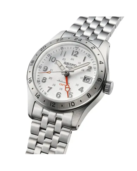 Seiko 5 GMT Watch White Dial Steel Strap