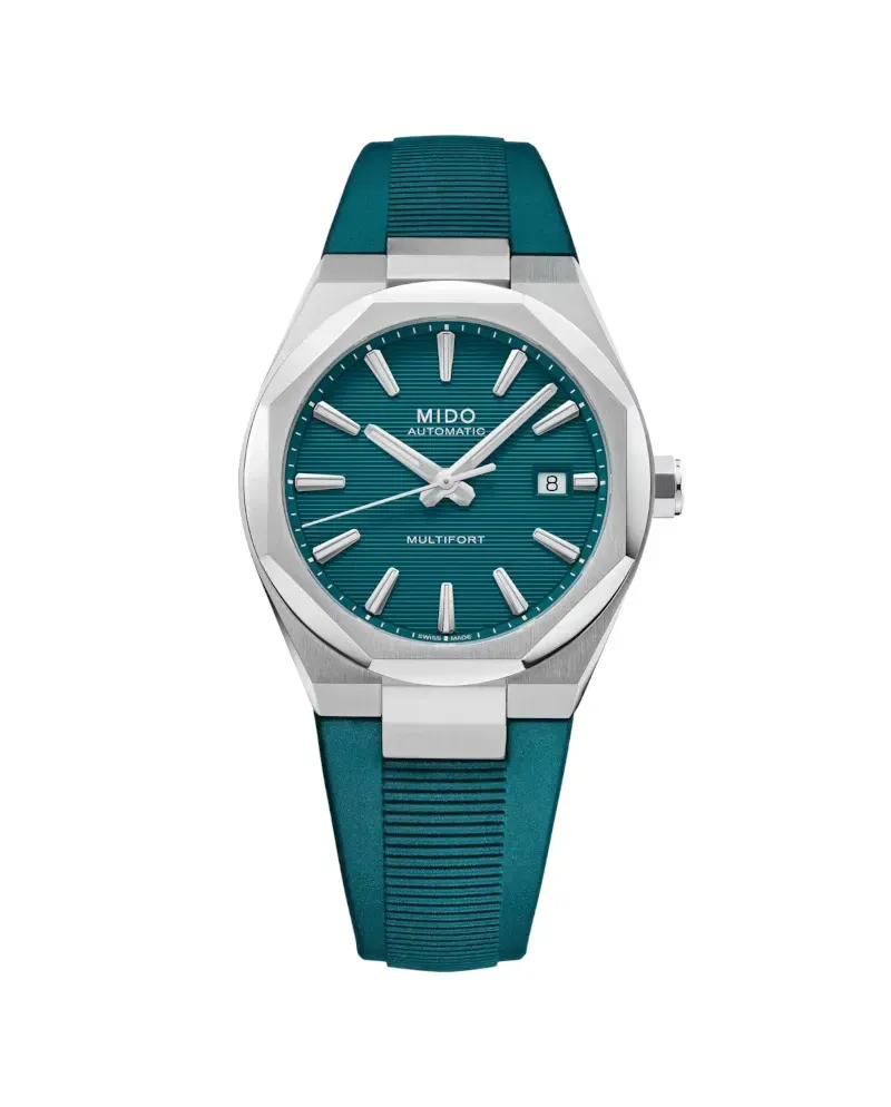 Montre Mido Multifort 8 One Crowns avec bracelet en caoutchouc turquoise