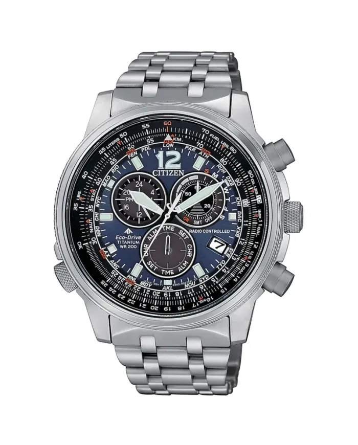 Citizen Pilot Radio Controlled Eco Drive Chronograph Blue Dial Super Titanium
