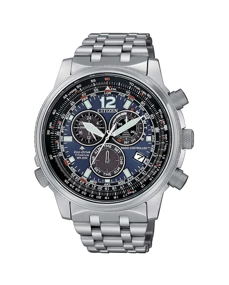 Citizen Pilot Radio Controlled Eco Drive Chronograph Blue Dial Super Titanium