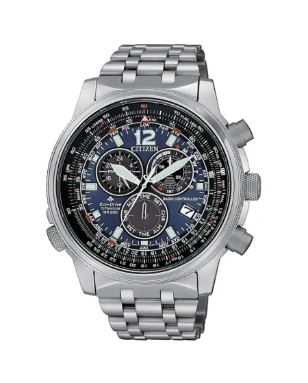 Montre Citizen Pilot Eco-Drive Chronographe Radiopilotée Cadran Bleu Super Titanium
